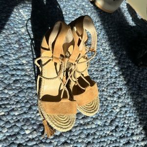 Joie Delilah Tan Suede Leather Lace-Up Tassel Espadrille Wedge Heel Sandals